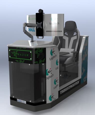 Small Footprint Simulator pod, front view with sponsor wraps