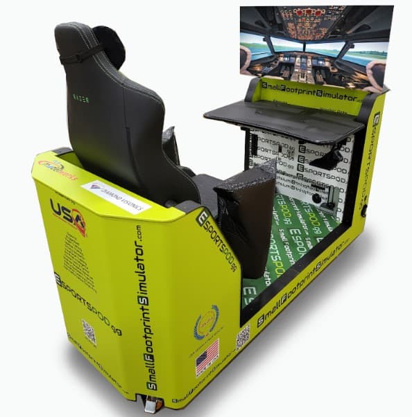 Small Footprint Simulator pod in lime EsportsPod wrap with flight screen and racing seat